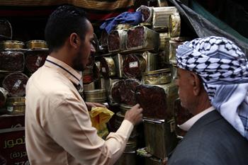 Dates displayed at market in Sanaa, Yemen